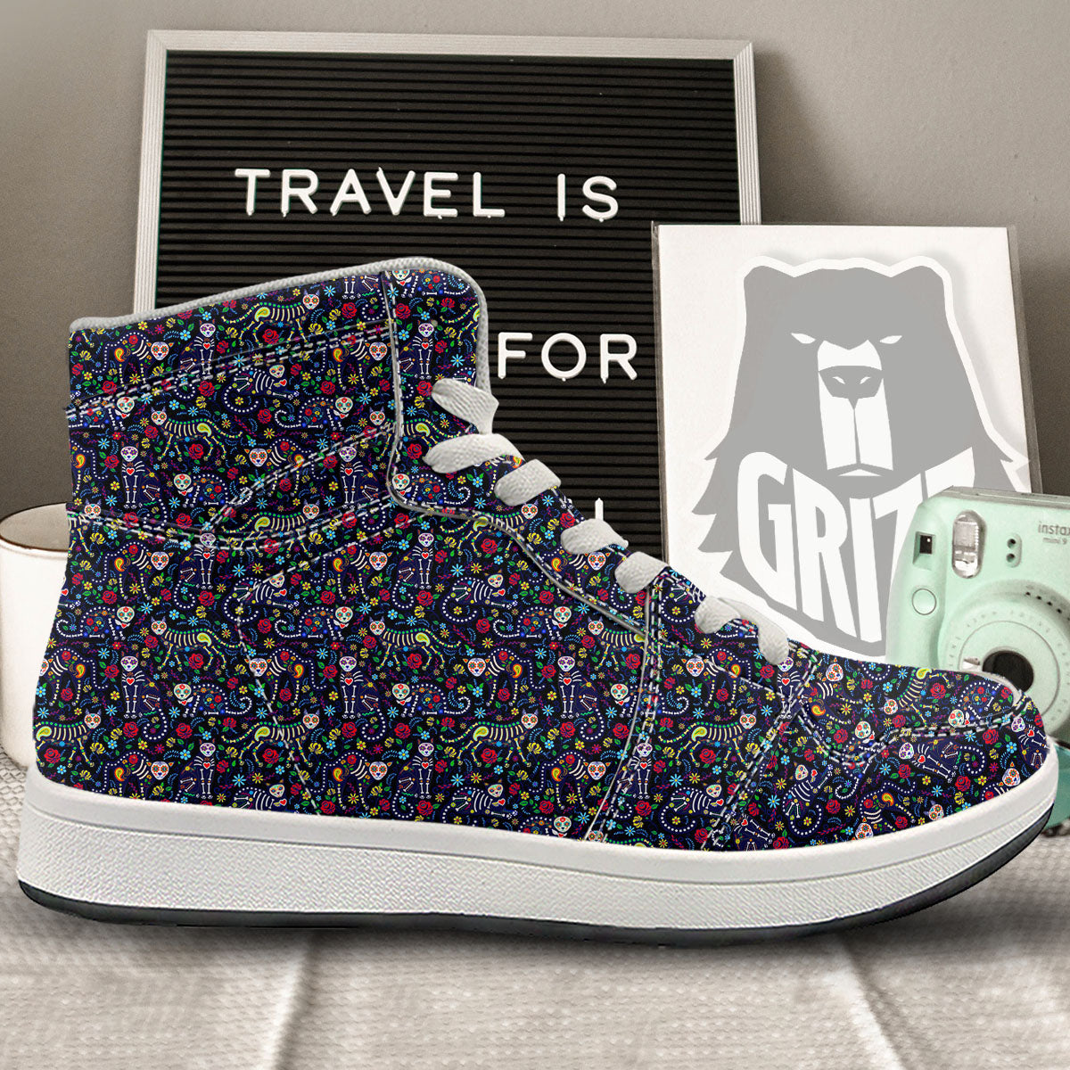 Calavera Cat Day Of The Dead Print Pattern High Top Sneakers-grizzshop