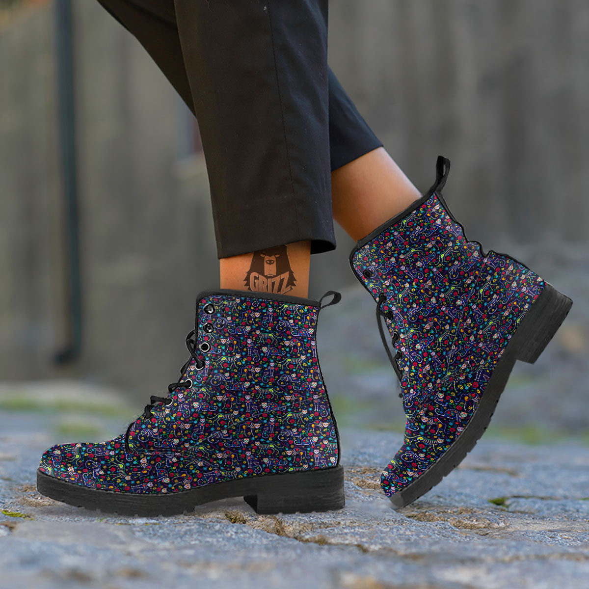 Calavera Cat Day Of The Dead Print Pattern Leather Boots-grizzshop