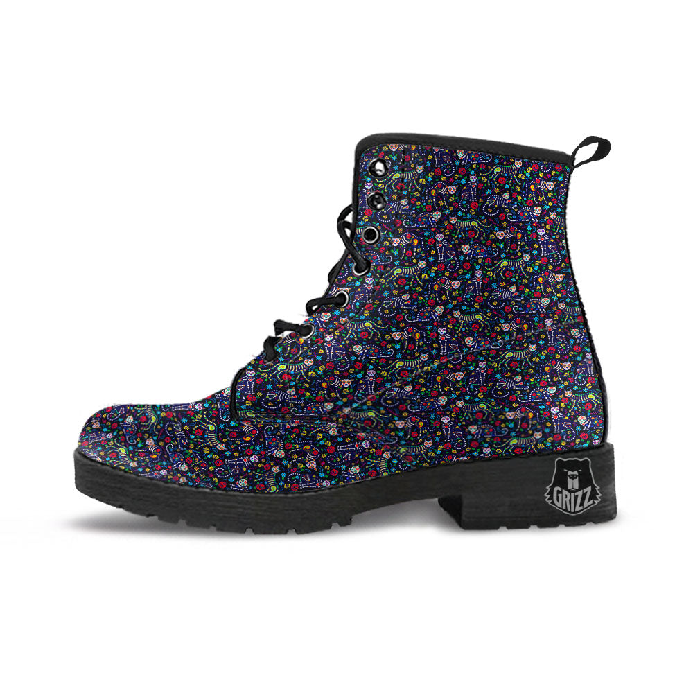 Calavera Cat Day Of The Dead Print Pattern Leather Boots-grizzshop