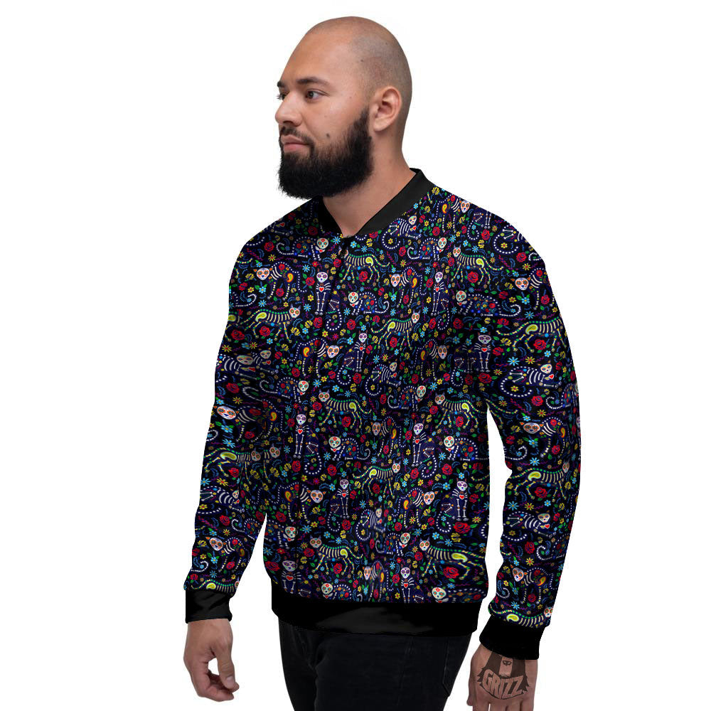 Calavera Cat Day Of The Dead Print Pattern Men's Bomber Jacket-grizzshop