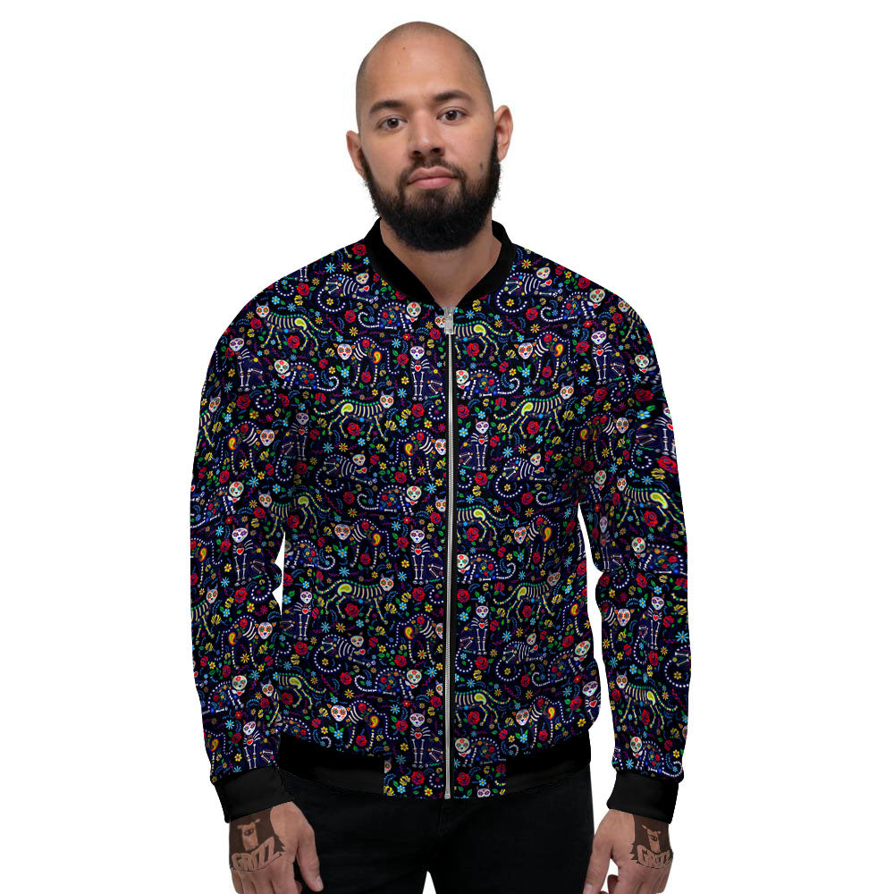 Calavera Cat Day Of The Dead Print Pattern Men's Bomber Jacket-grizzshop