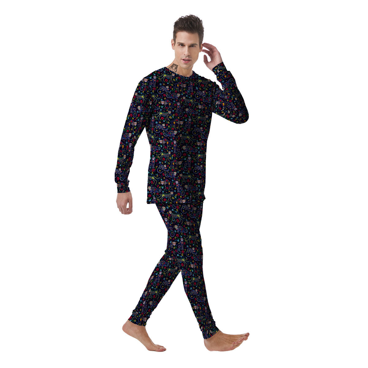 Calavera Cat Day Of The Dead Print Pattern Men's Pajamas-grizzshop