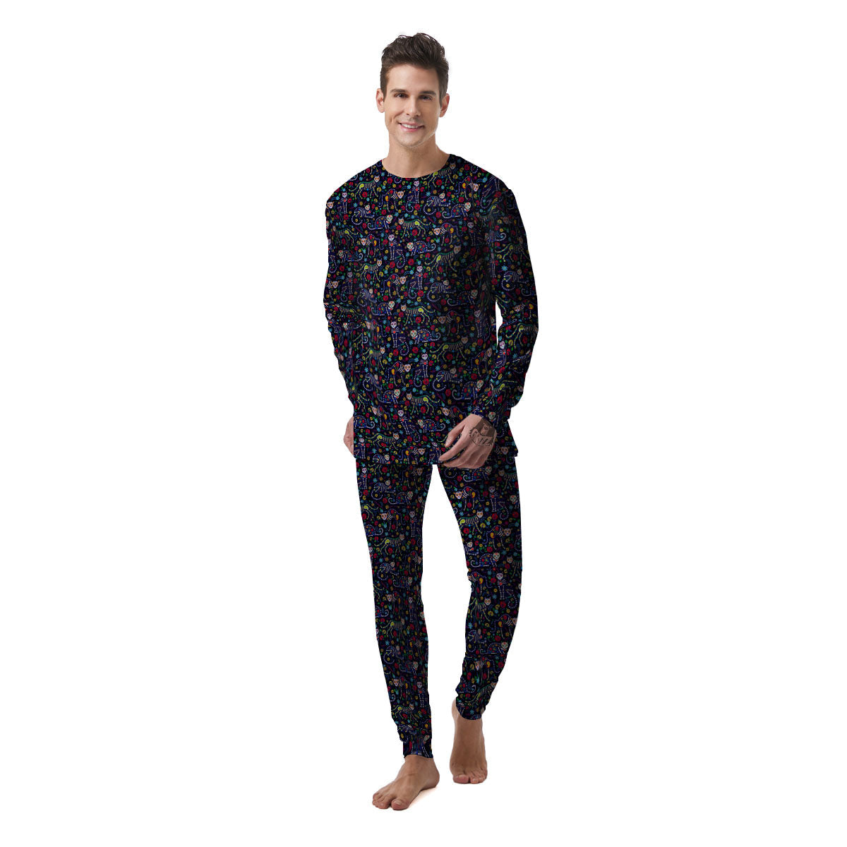 Calavera Cat Day Of The Dead Print Pattern Men's Pajamas-grizzshop