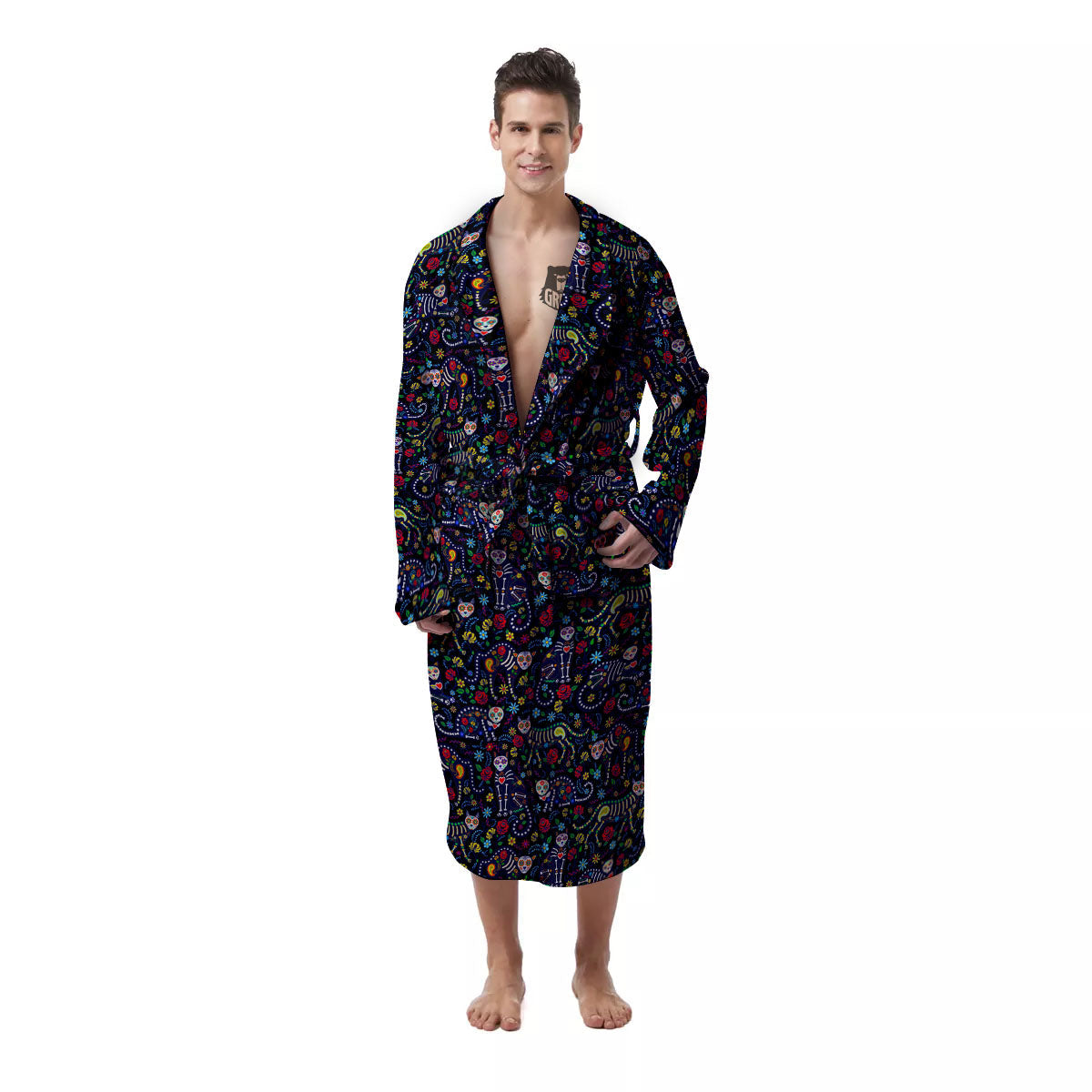 Calavera Cat Day Of The Dead Print Pattern Men's Robe-grizzshop