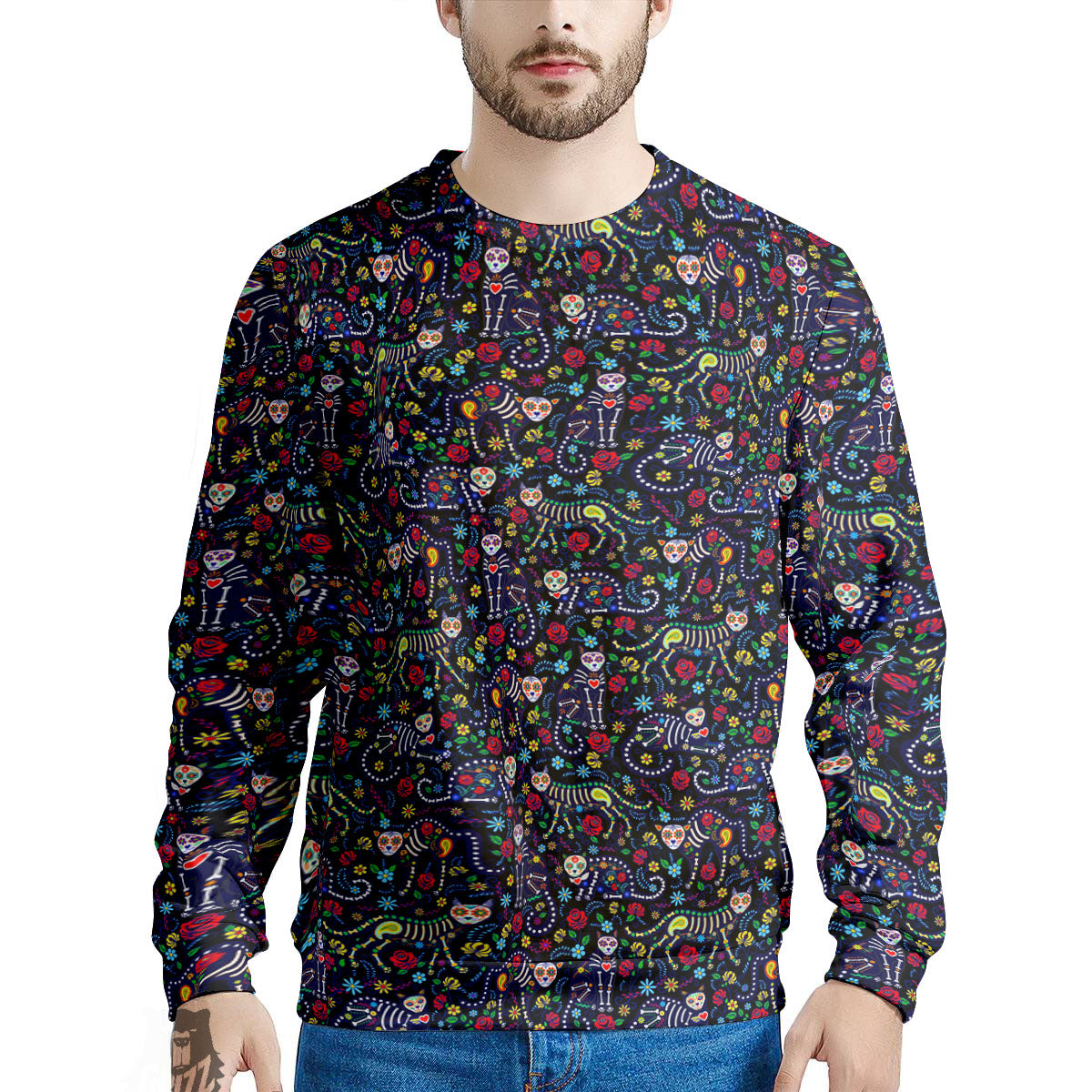 Calavera Cat Day Of The Dead Print Pattern Men's Sweatshirt-grizzshop