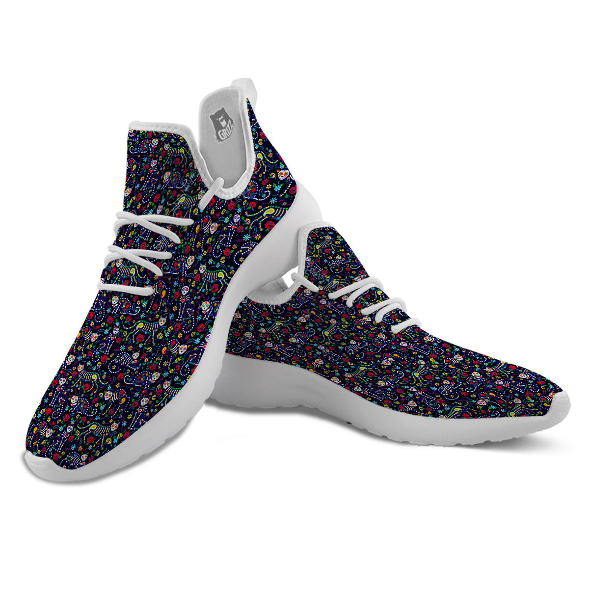 Calavera Cat Day Of The Dead Print Pattern White Athletic Shoes-grizzshop