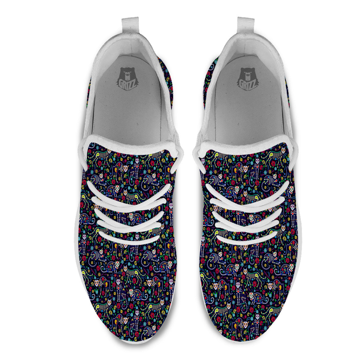 Calavera Cat Day Of The Dead Print Pattern White Athletic Shoes-grizzshop