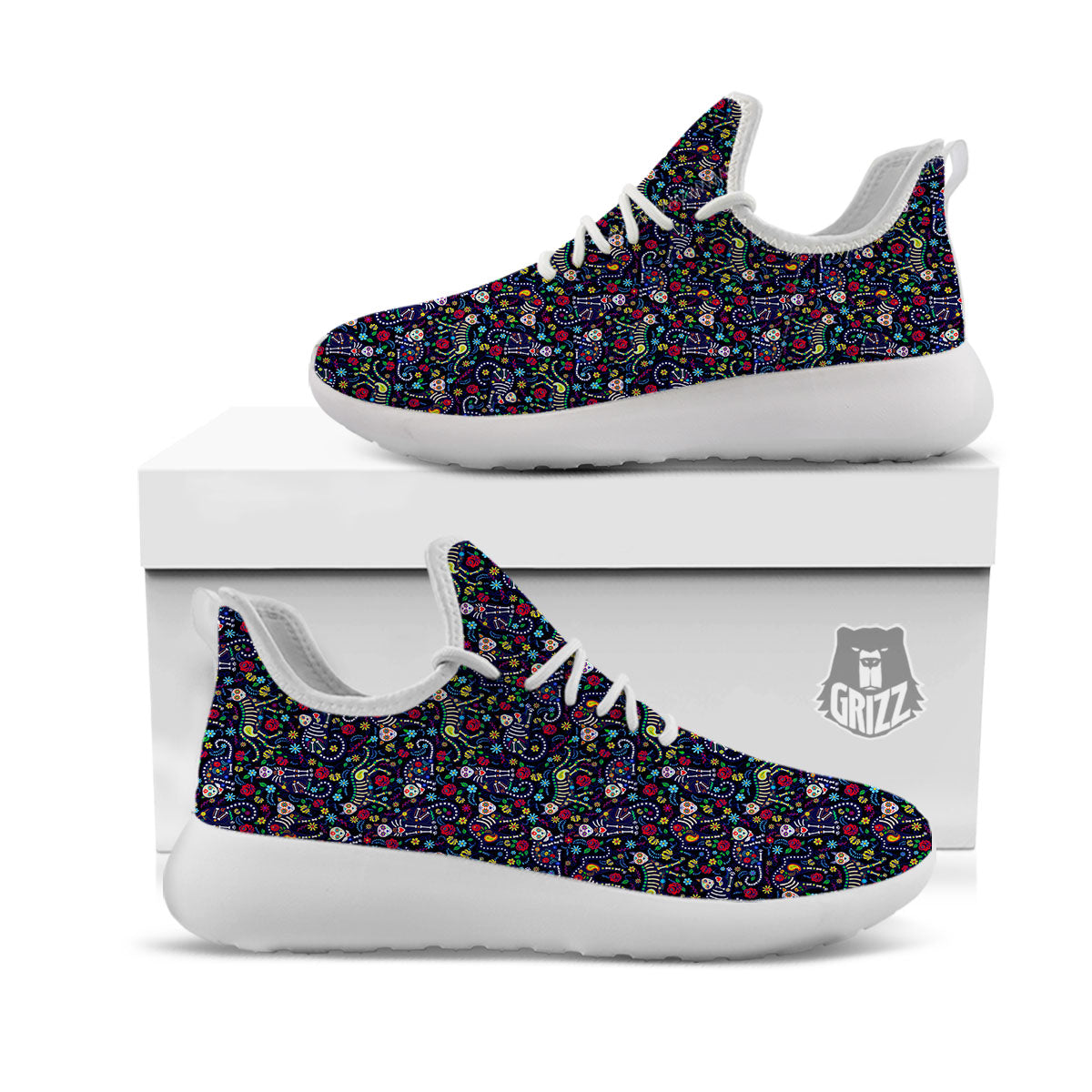 Calavera Cat Day Of The Dead Print Pattern White Athletic Shoes-grizzshop