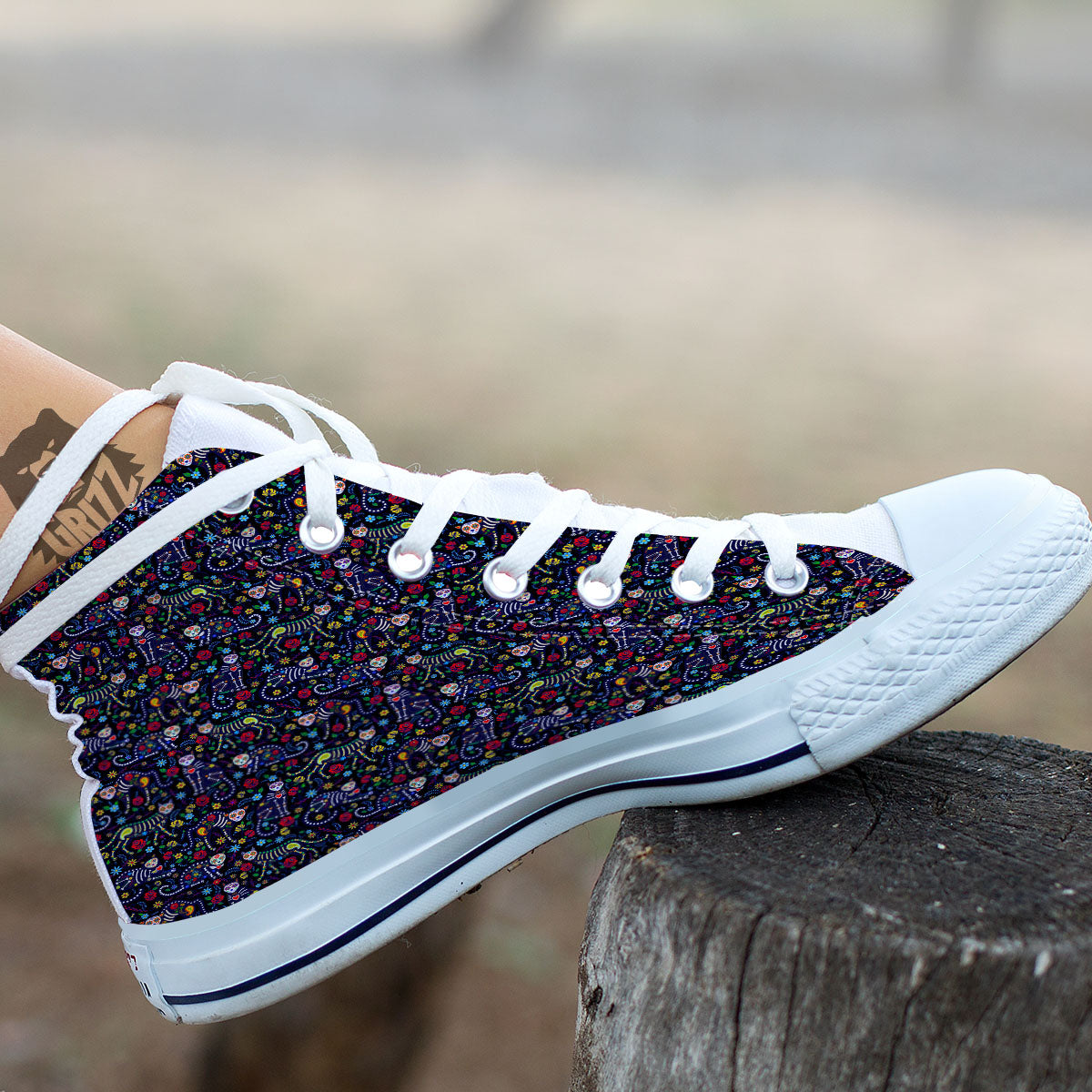 Calavera Cat Day Of The Dead Print Pattern White High Top Shoes-grizzshop