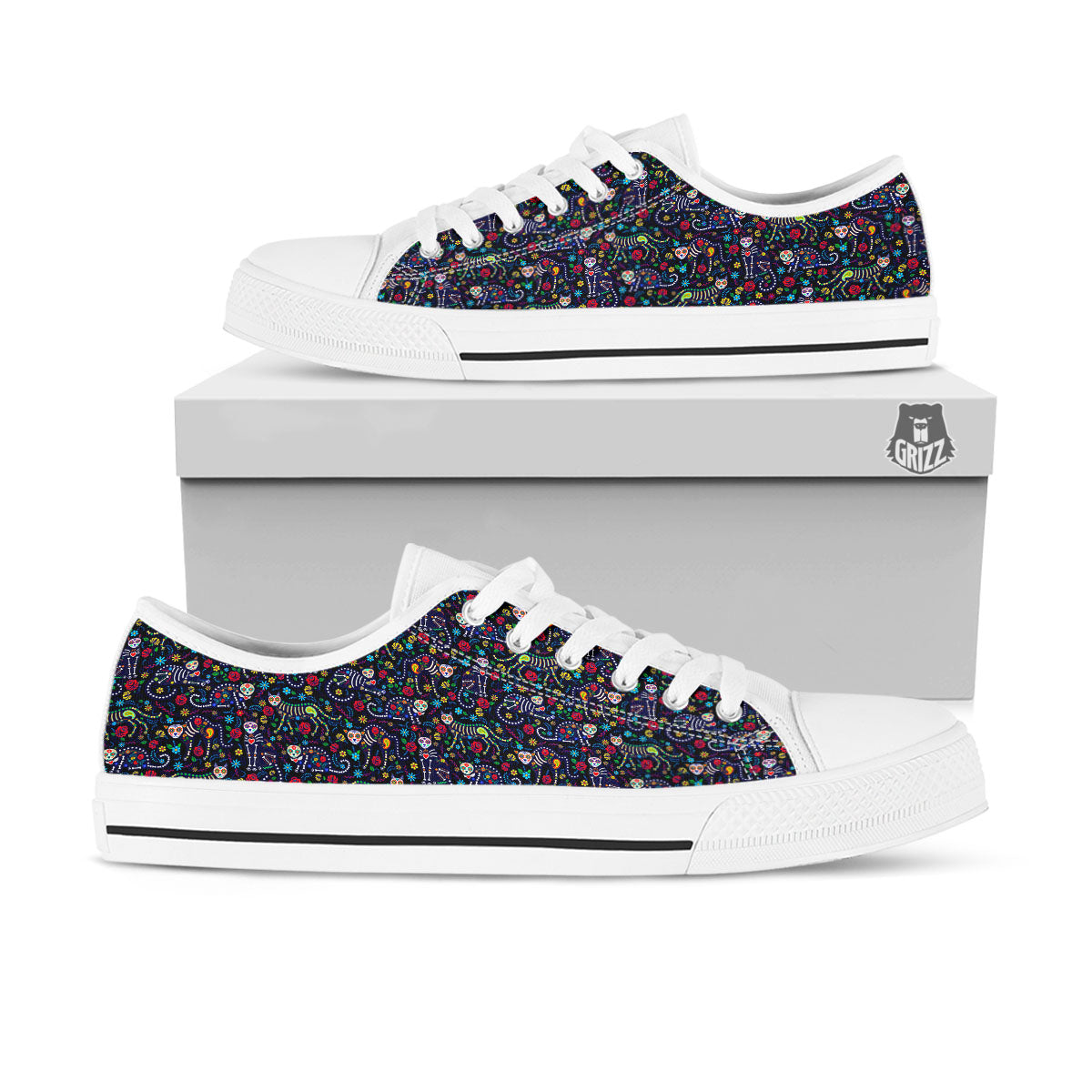 Calavera Cat Day Of The Dead Print Pattern White Low Top Shoes-grizzshop