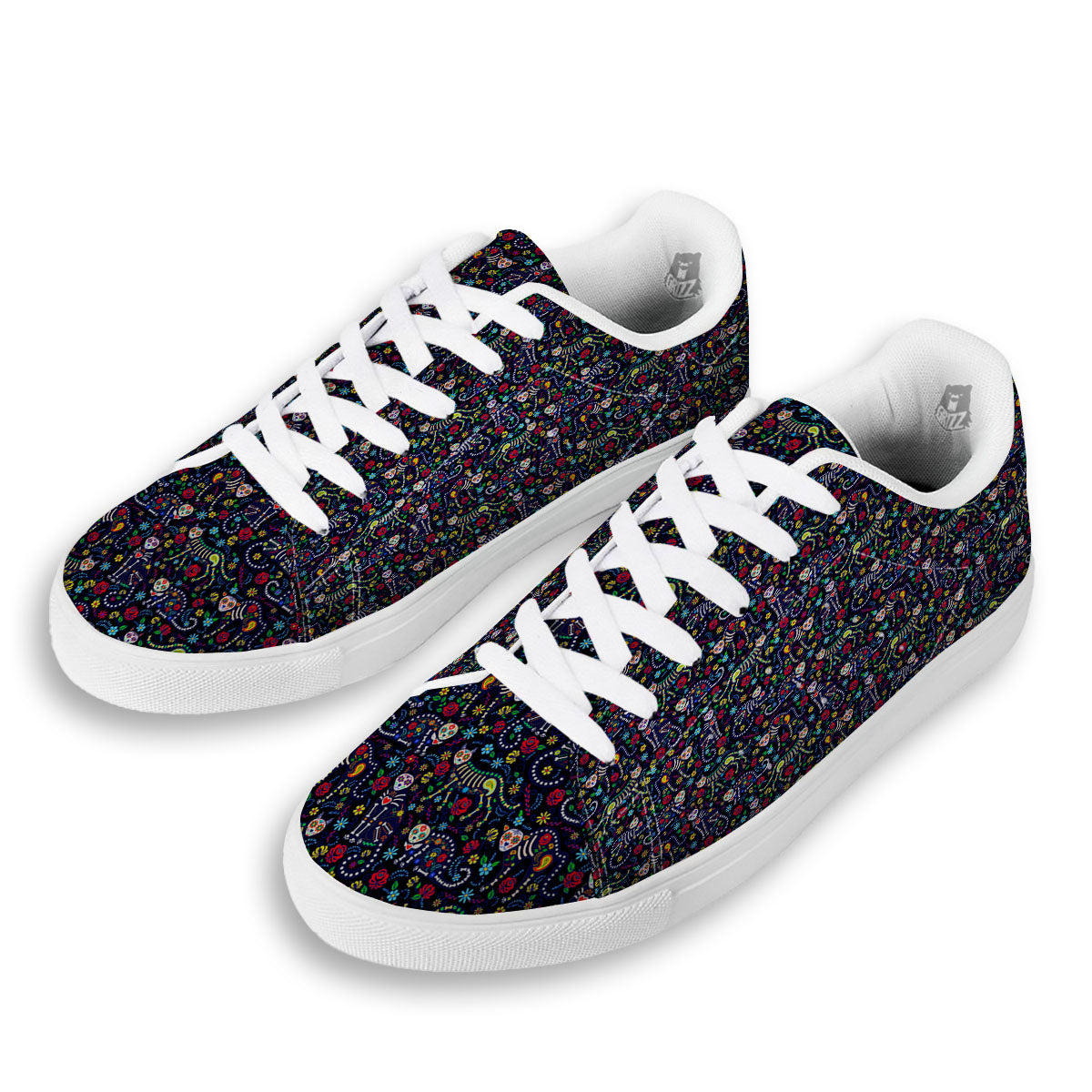Calavera Cat Day Of The Dead Print Pattern White Low Top Sneakers-grizzshop