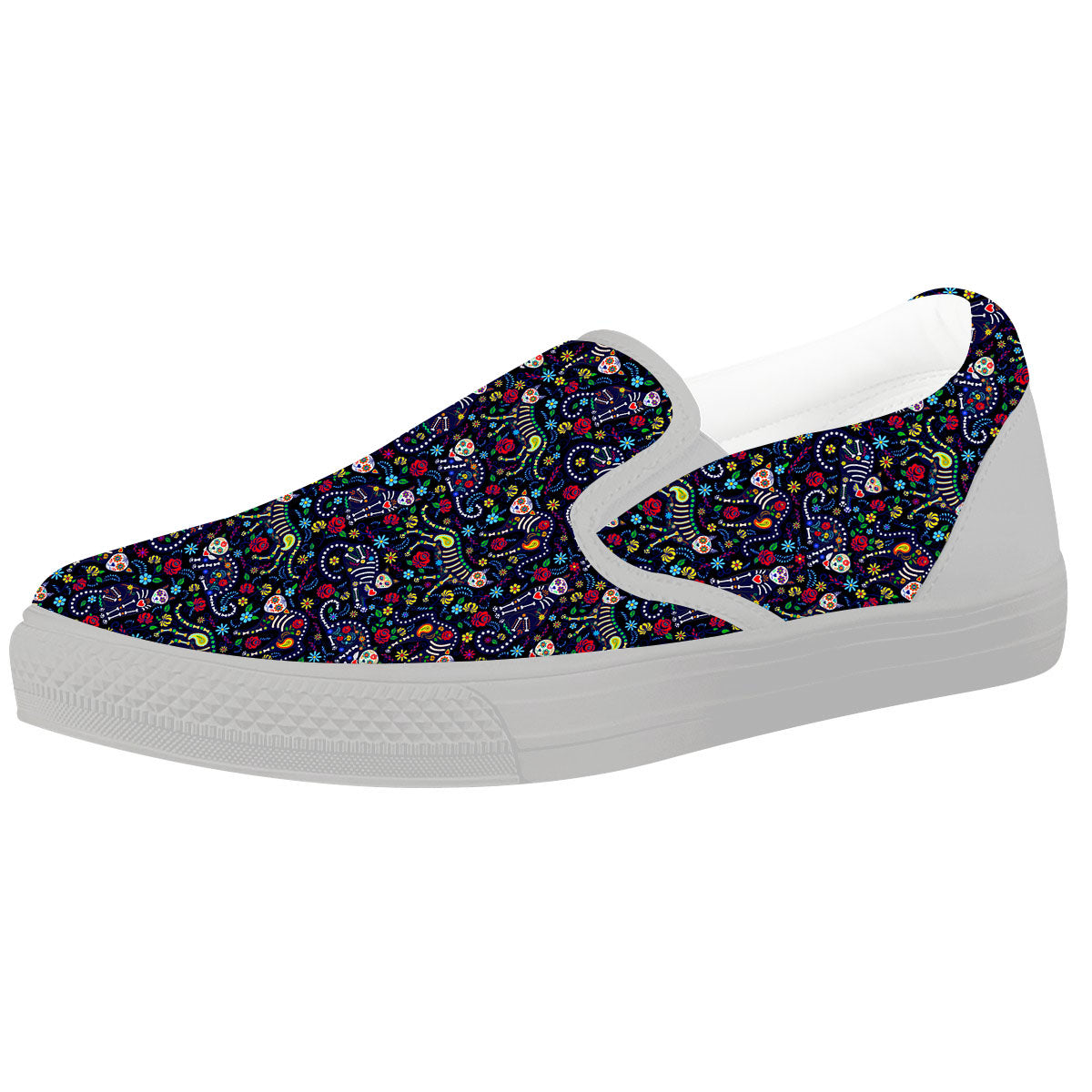 Calavera Cat Day Of The Dead Print Pattern White Slip On Shoes-grizzshop