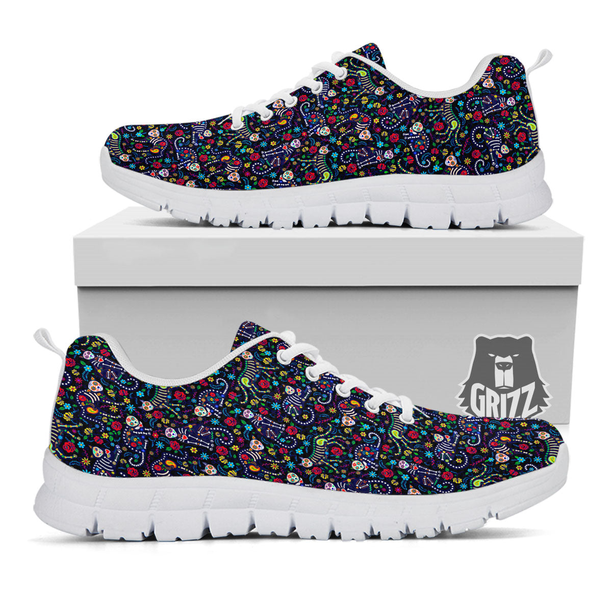 Calavera Cat Day Of The Dead Print Pattern White Sneaker-grizzshop