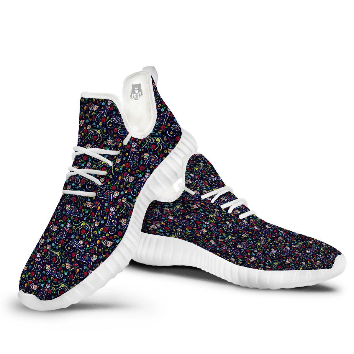 Calavera Cat Day Of The Dead Print Pattern White Walking Shoes-grizzshop
