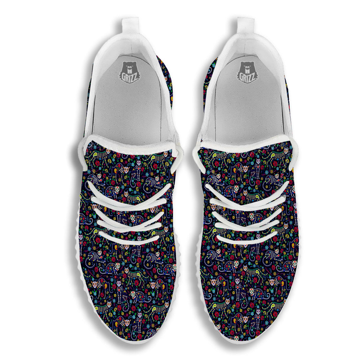 Calavera Cat Day Of The Dead Print Pattern White Walking Shoes-grizzshop