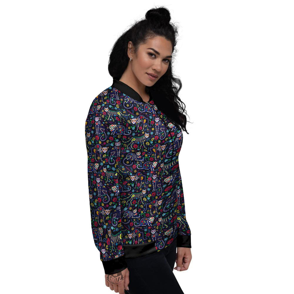 Calavera Cat Day Of The Dead Print Pattern Women's Bomber Jacket-grizzshop