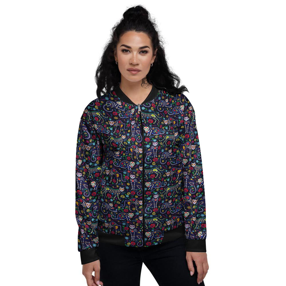 Calavera Cat Day Of The Dead Print Pattern Women's Bomber Jacket-grizzshop