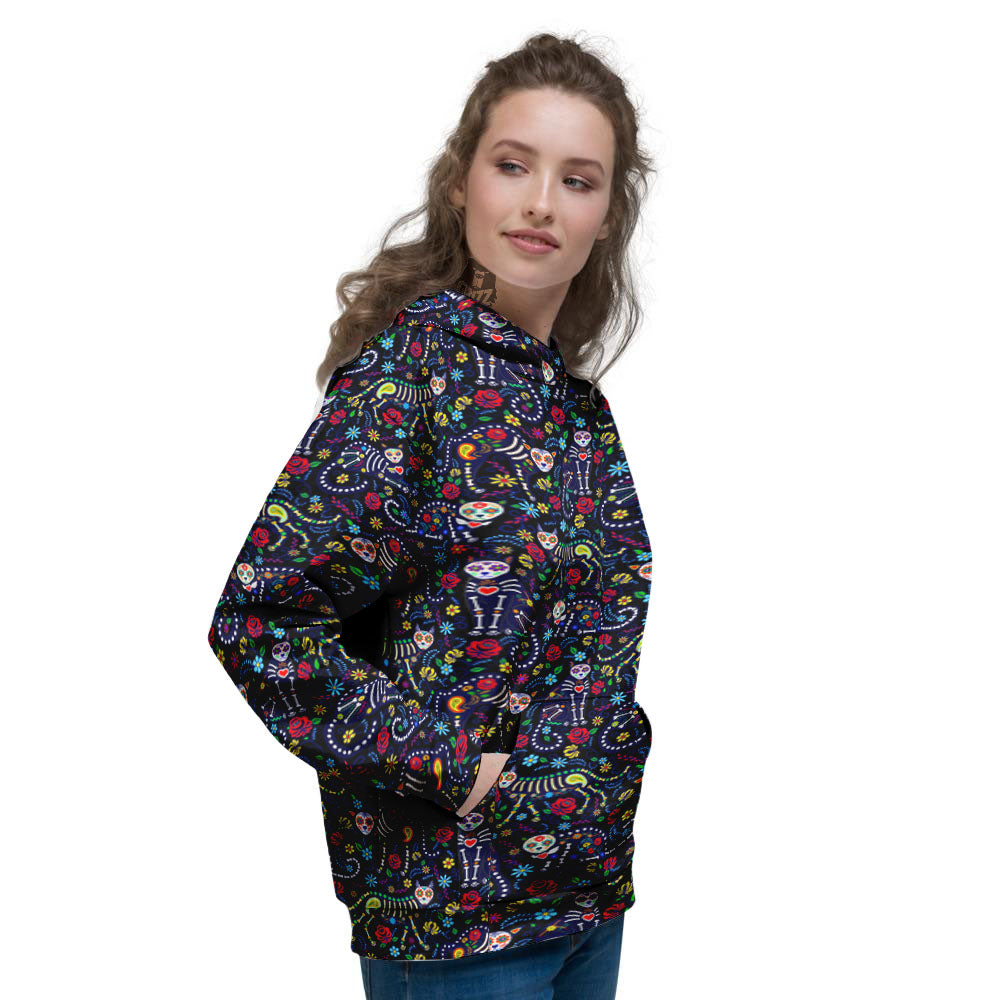 Calavera Cat Day Of The Dead Print Pattern Women's Hoodie-grizzshop