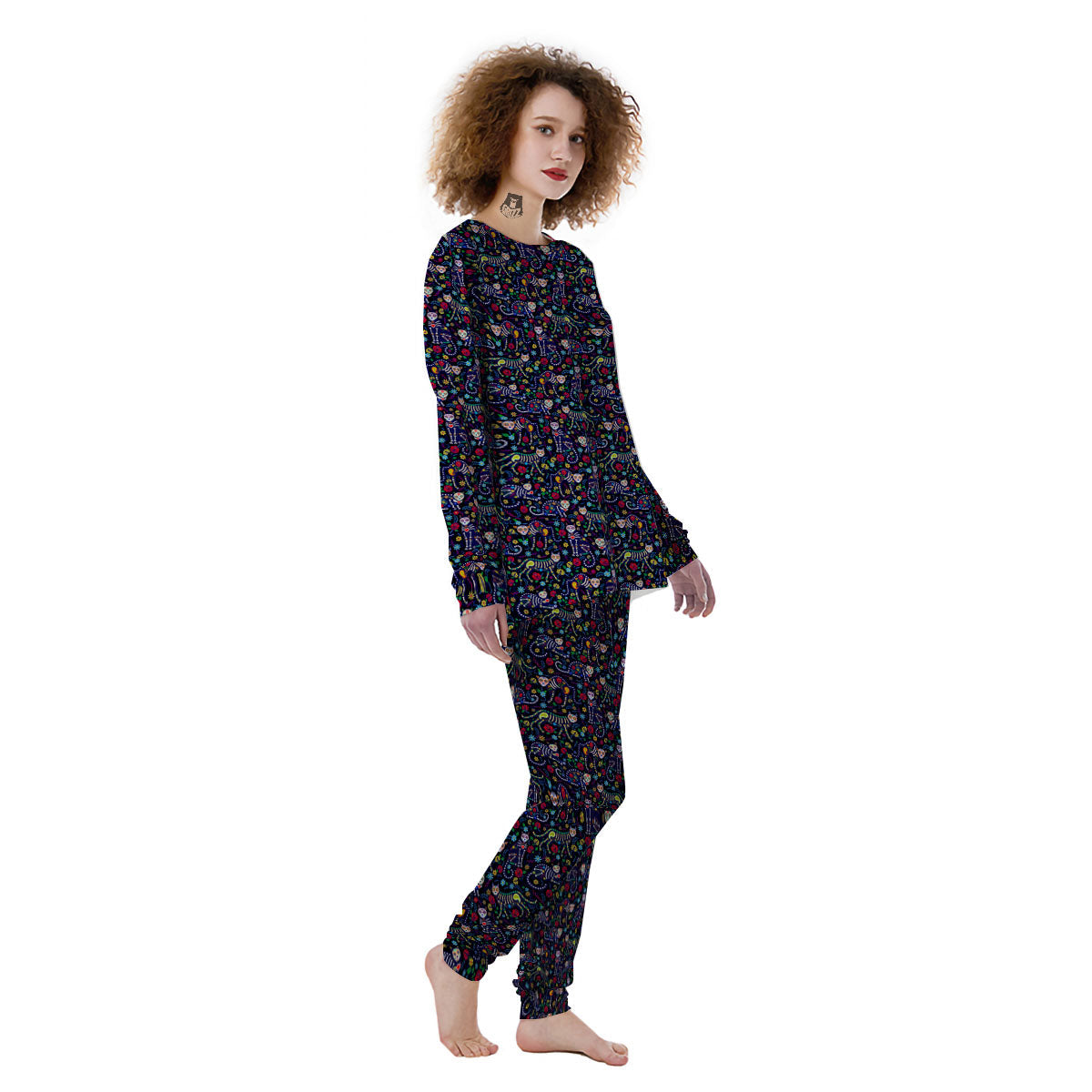 Calavera Cat Day Of The Dead Print Pattern Women's Pajamas-grizzshop