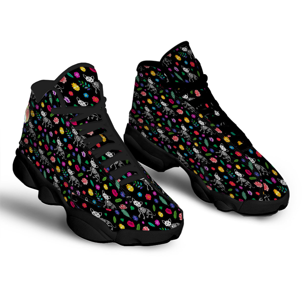 Calavera Cat Skeleton Print Pattern Black Basketball Shoes-grizzshop