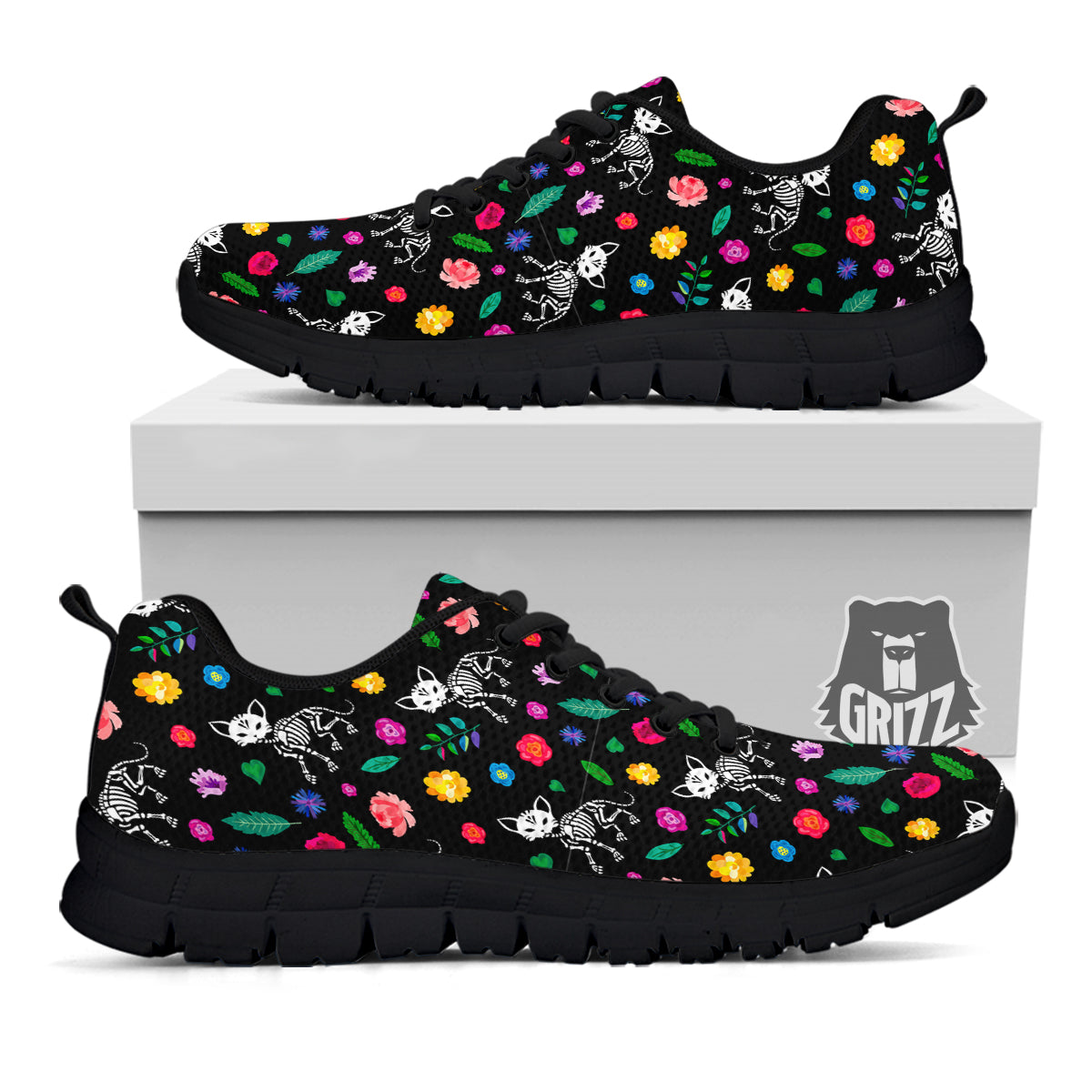 Calavera Cat Skeleton Print Pattern Black Sneaker-grizzshop