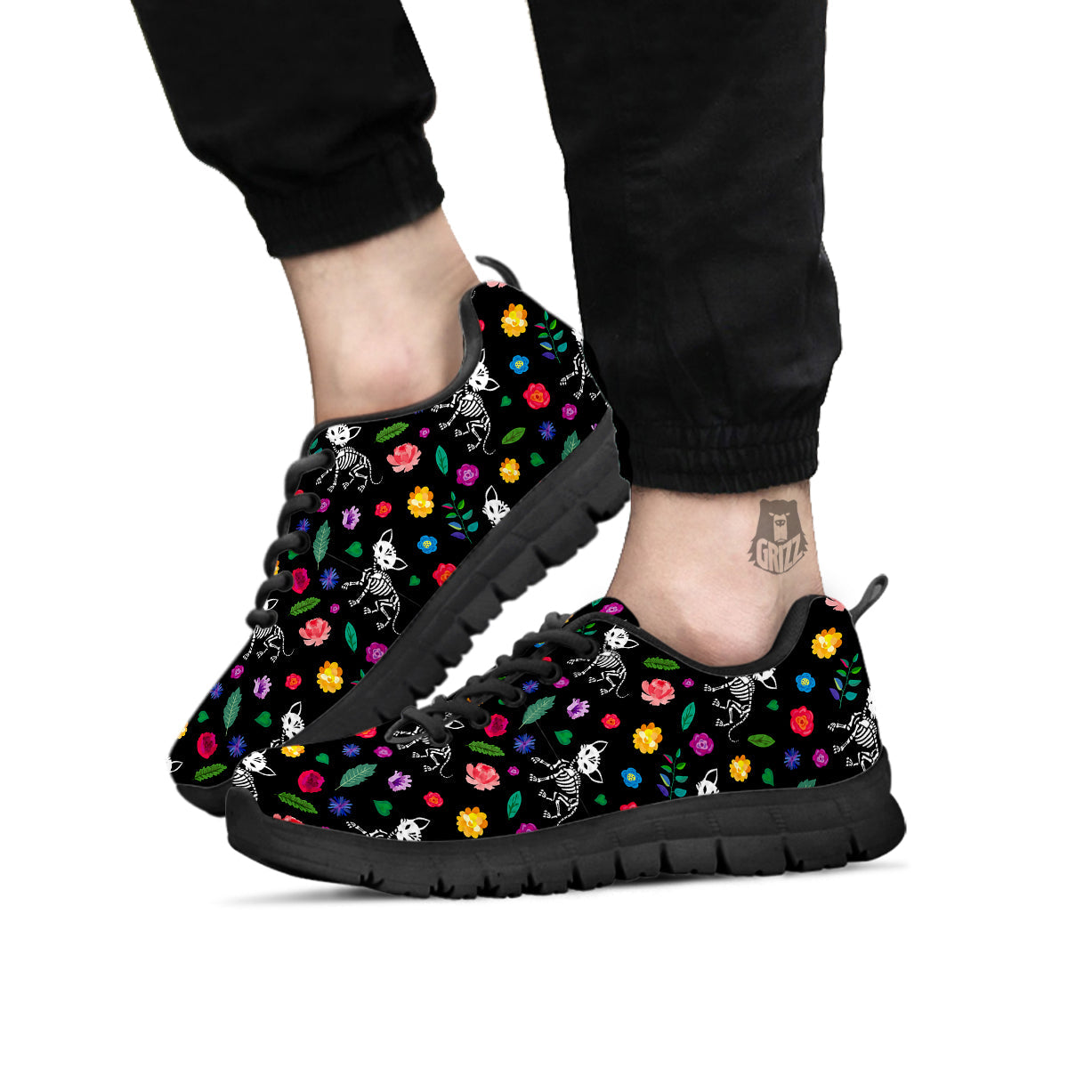Calavera Cat Skeleton Print Pattern Black Sneaker-grizzshop