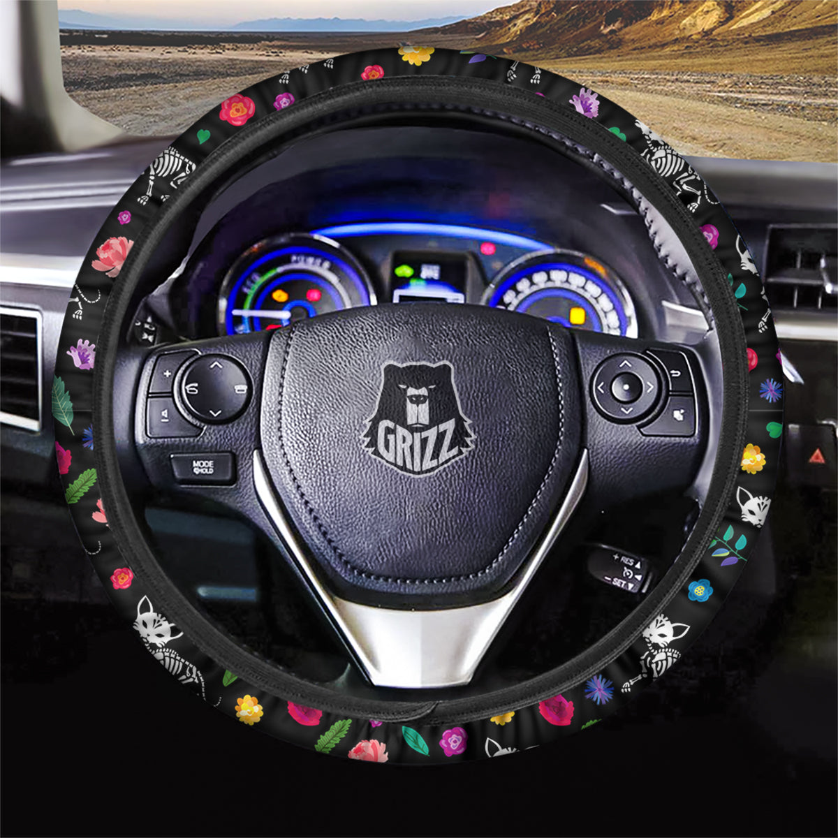 Calavera Cat Skeleton Print Pattern Car Steering Wheel Cover-grizzshop