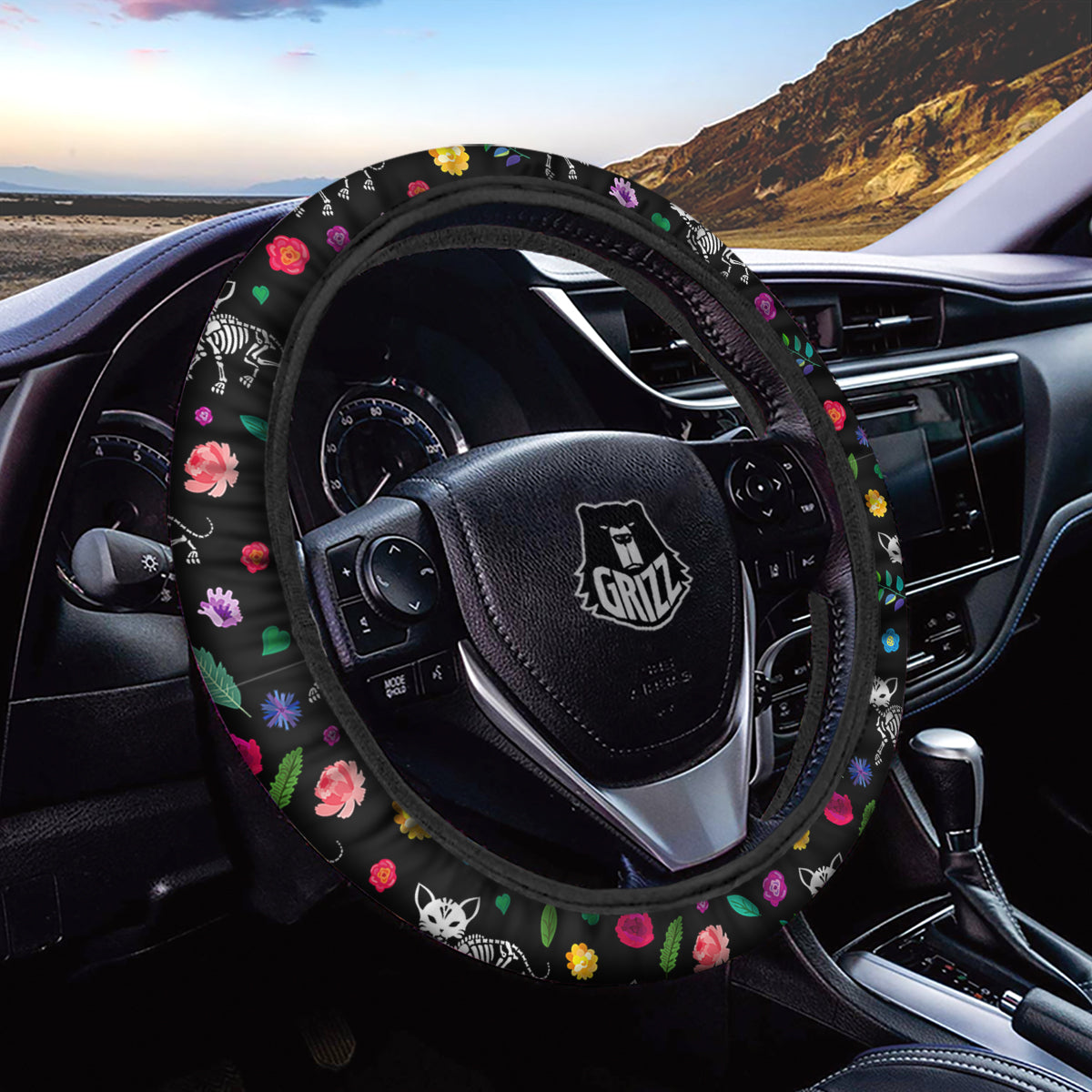 Calavera Cat Skeleton Print Pattern Car Steering Wheel Cover-grizzshop