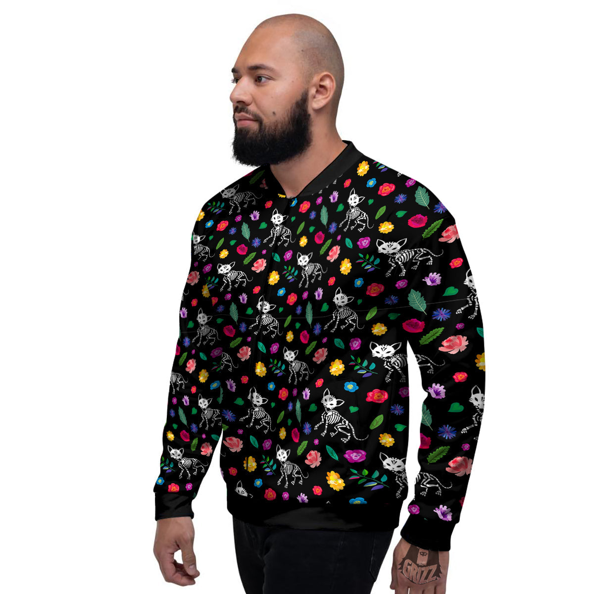 Calavera Cat Skeleton Print Pattern Men's Bomber Jacket-grizzshop