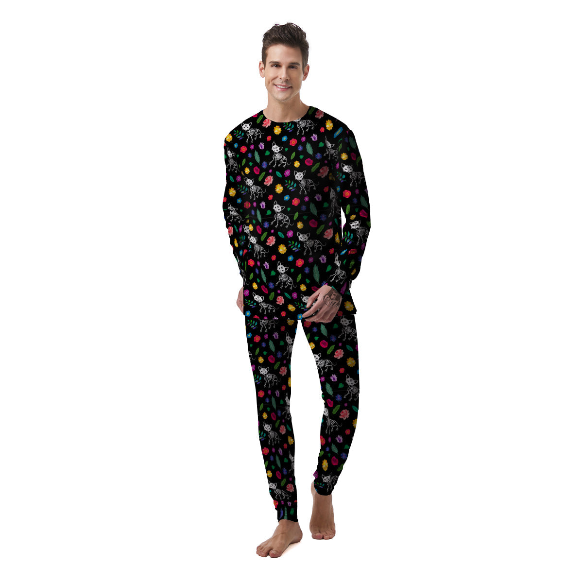 Calavera Cat Skeleton Print Pattern Men's Pajamas-grizzshop