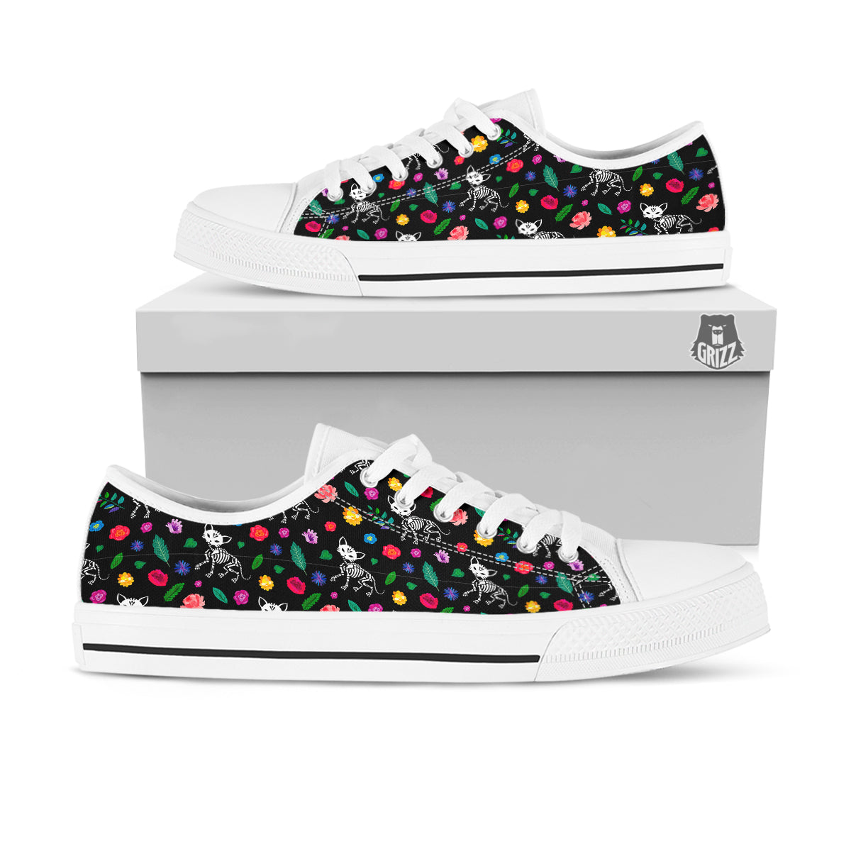 Calavera Cat Skeleton Print Pattern White Low Top Shoes-grizzshop