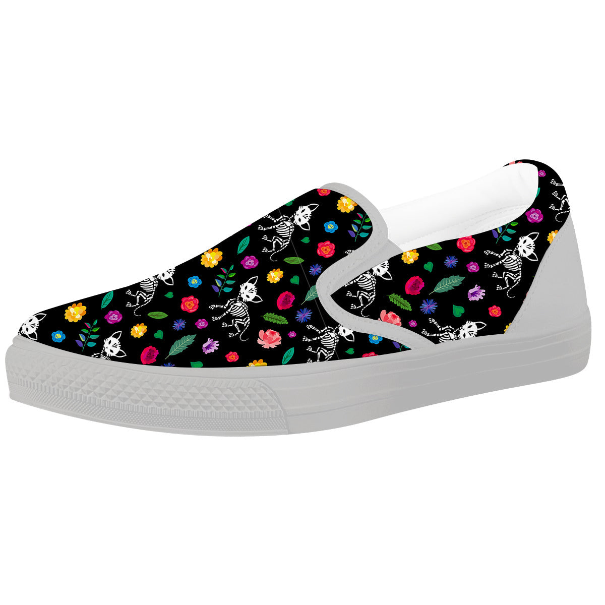 Calavera Cat Skeleton Print Pattern White Slip On Shoes-grizzshop