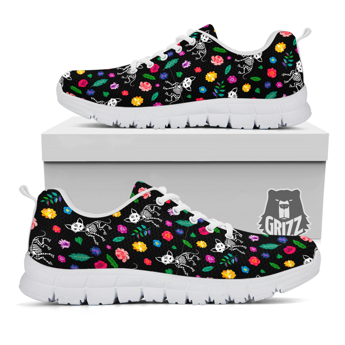 Calavera Cat Skeleton Print Pattern White Sneaker-grizzshop