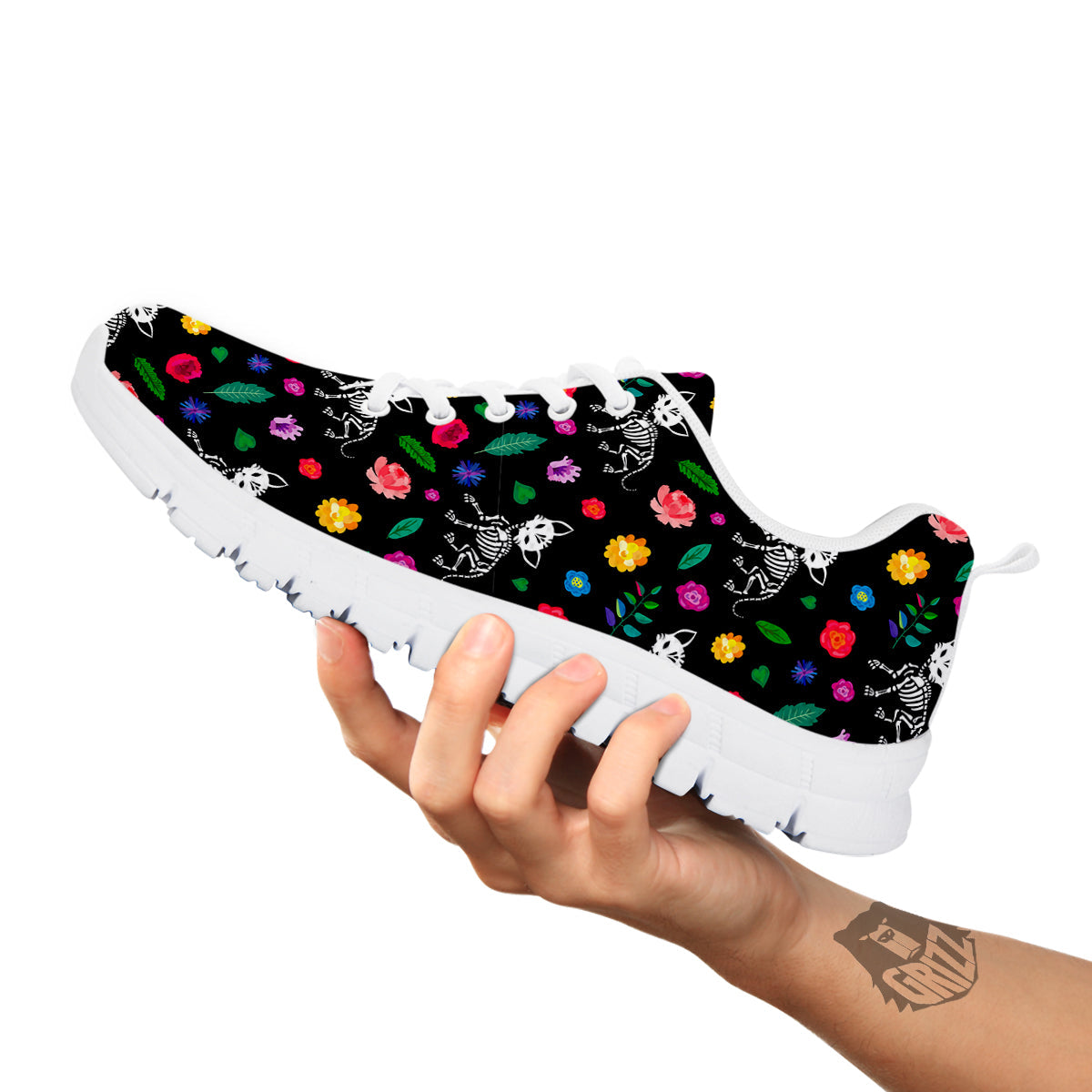 Calavera Cat Skeleton Print Pattern White Sneaker-grizzshop