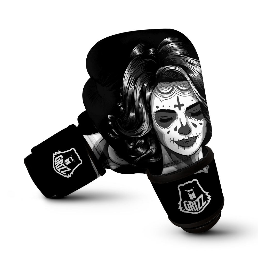 Calavera Girl White And Black Print Boxing Gloves-grizzshop