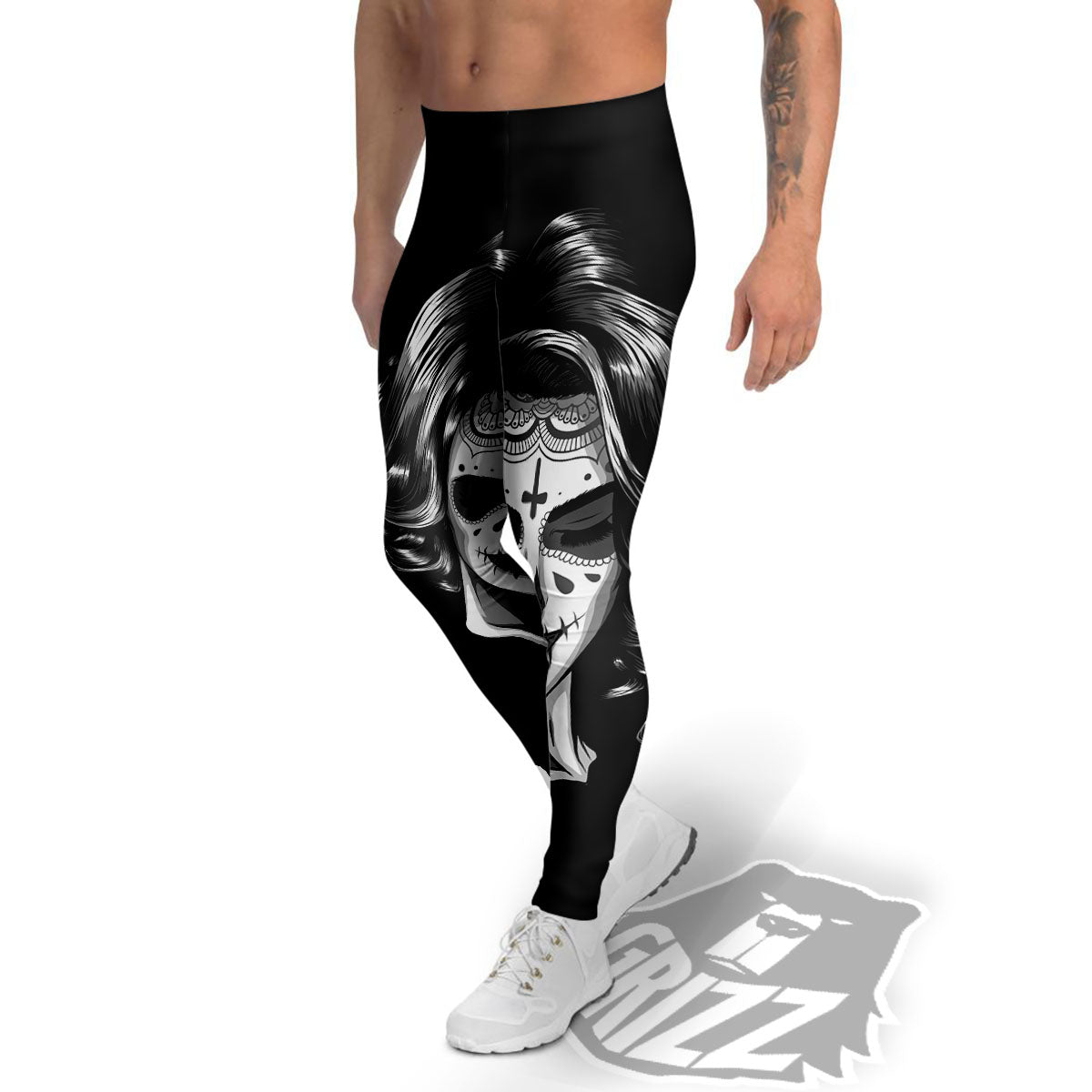 Calavera Girl White And Black Print Men's Leggings-grizzshop