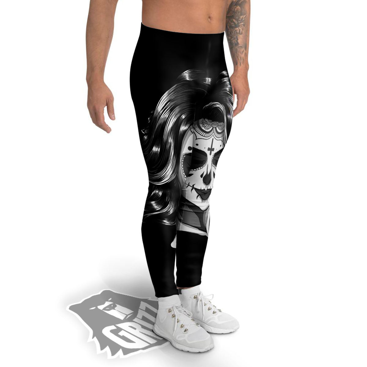 Calavera Girl White And Black Print Men's Leggings-grizzshop