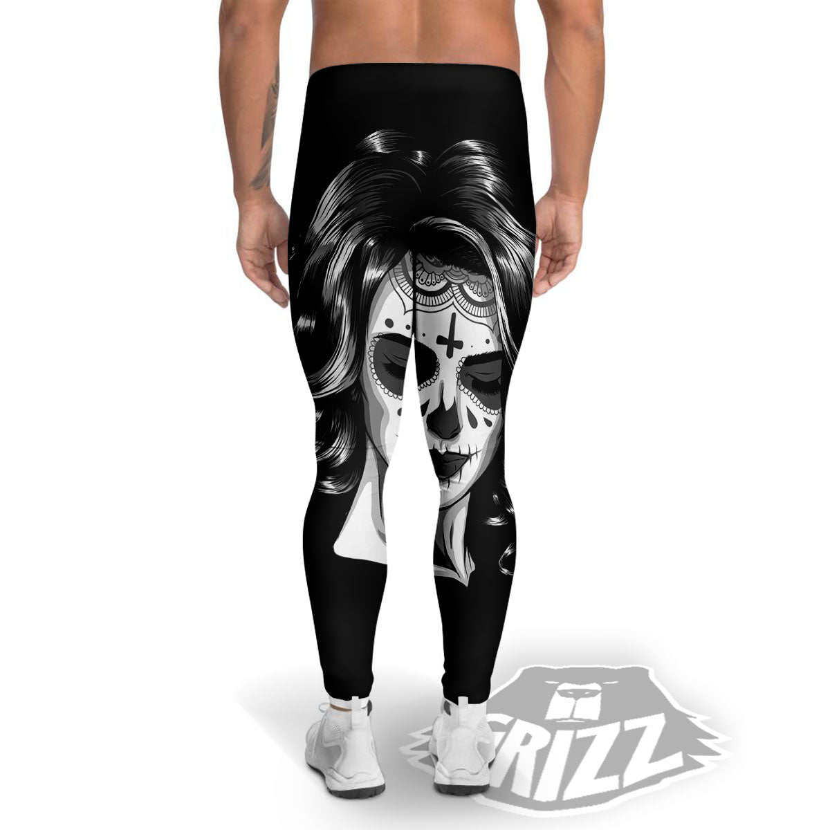 Calavera Girl White And Black Print Men's Leggings-grizzshop