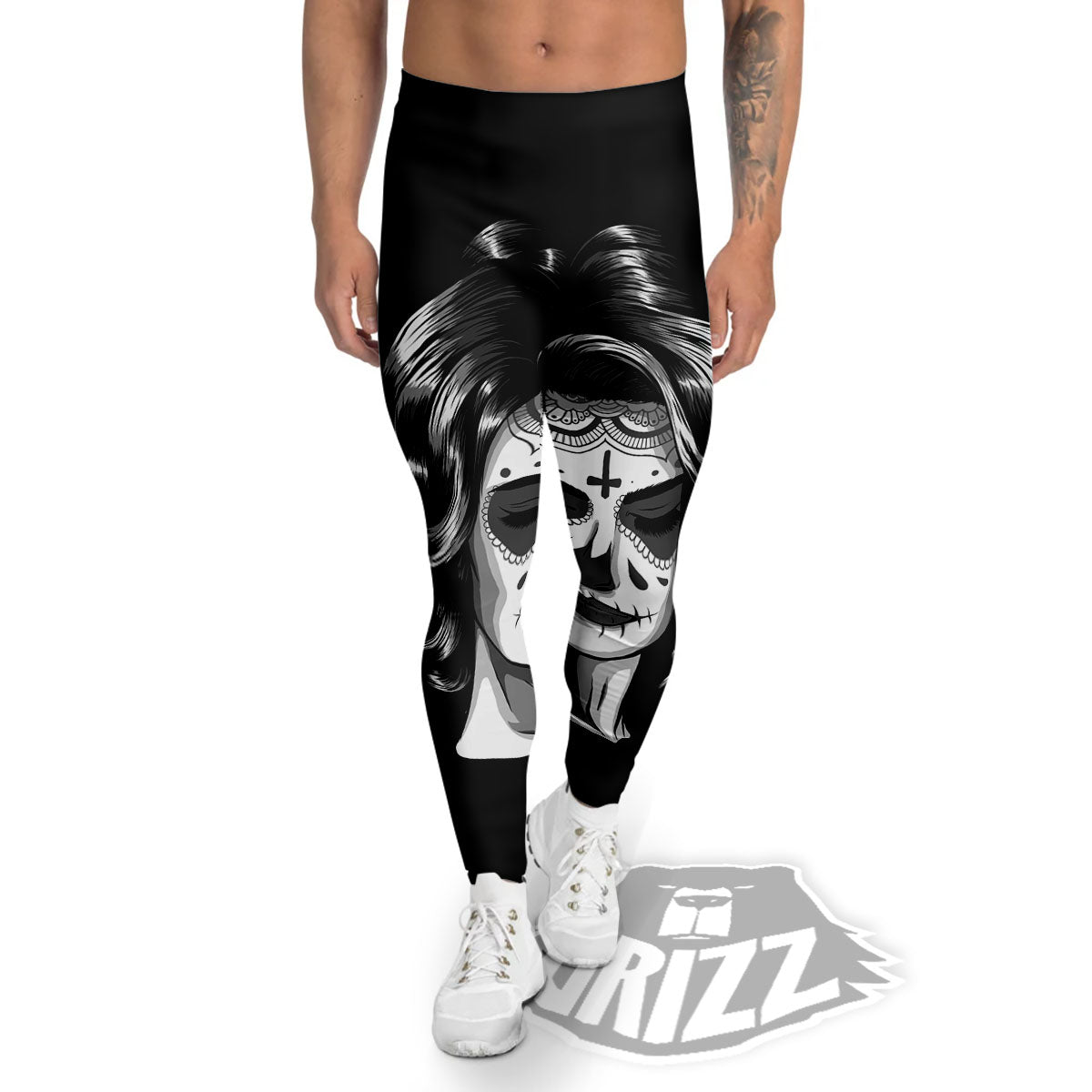 Calavera Girl White And Black Print Men's Leggings-grizzshop