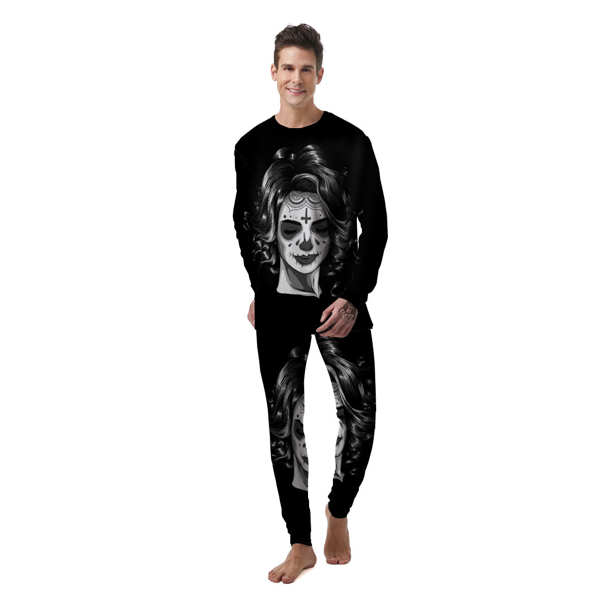 Calavera Girl White And Black Print Men's Pajamas-grizzshop