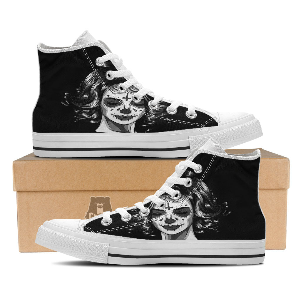 Calavera Girl White And Black Print White High Top Shoes-grizzshop