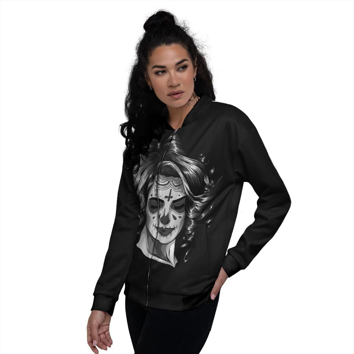 Calavera Girl White And Black Print Women's Bomber Jacket-grizzshop
