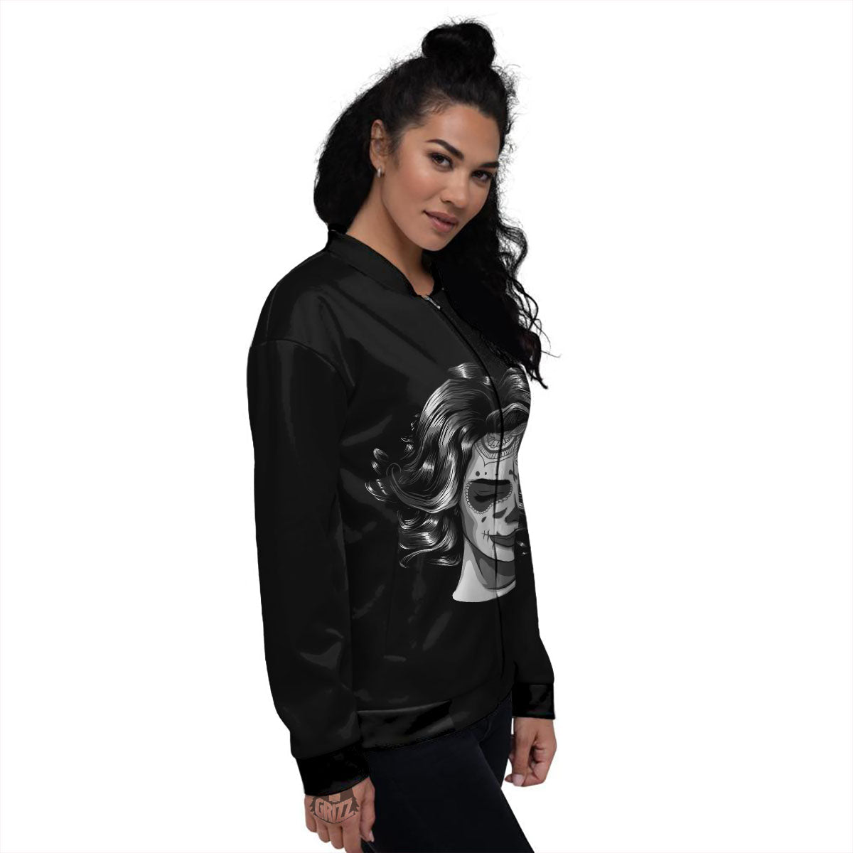 Calavera Girl White And Black Print Women's Bomber Jacket-grizzshop