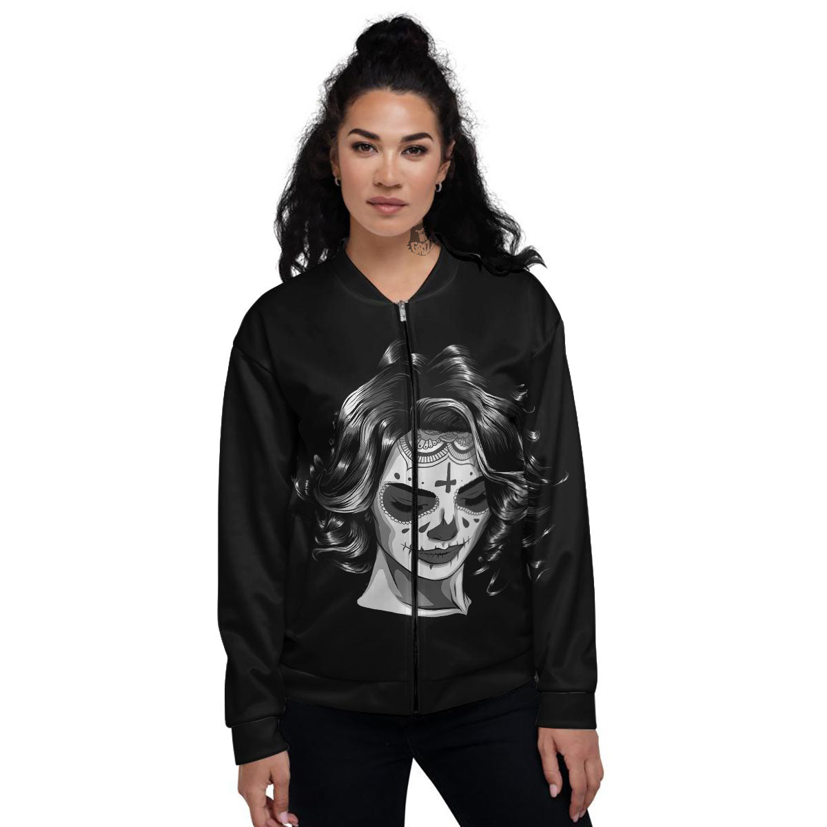 Calavera Girl White And Black Print Women's Bomber Jacket-grizzshop