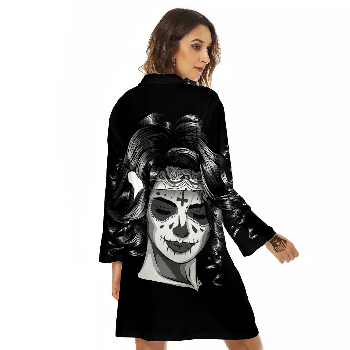 Calavera Girl White And Black Print Women's Robe-grizzshop