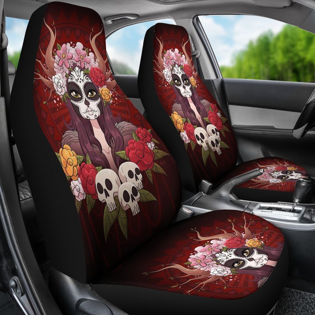 Calavera Girly Sugar Skull Universal Fit Car Seat Covers-grizzshop