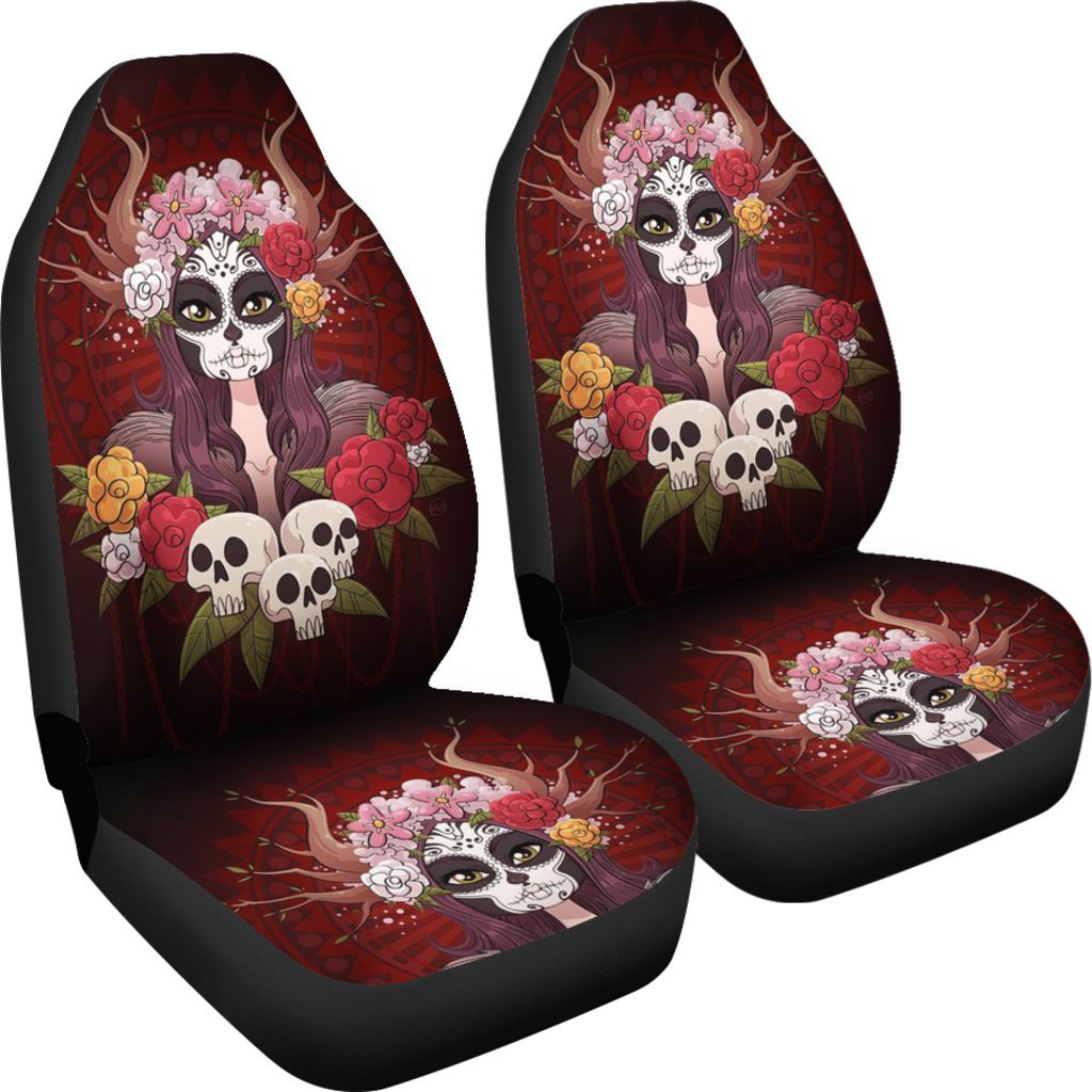 Calavera Girly Sugar Skull Universal Fit Car Seat Covers-grizzshop