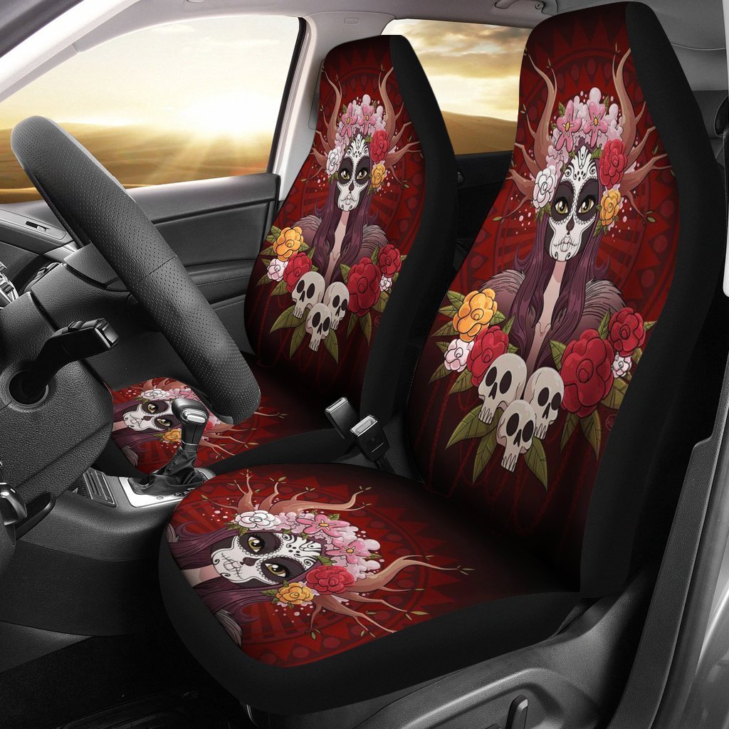 Calavera Girly Sugar Skull Universal Fit Car Seat Covers-grizzshop