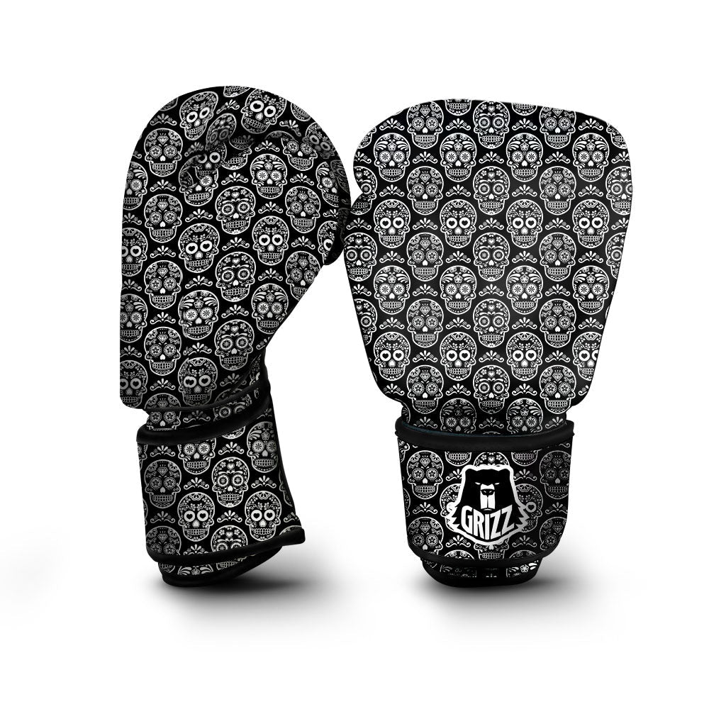 Calavera Skull White And Black Print Boxing Gloves-grizzshop