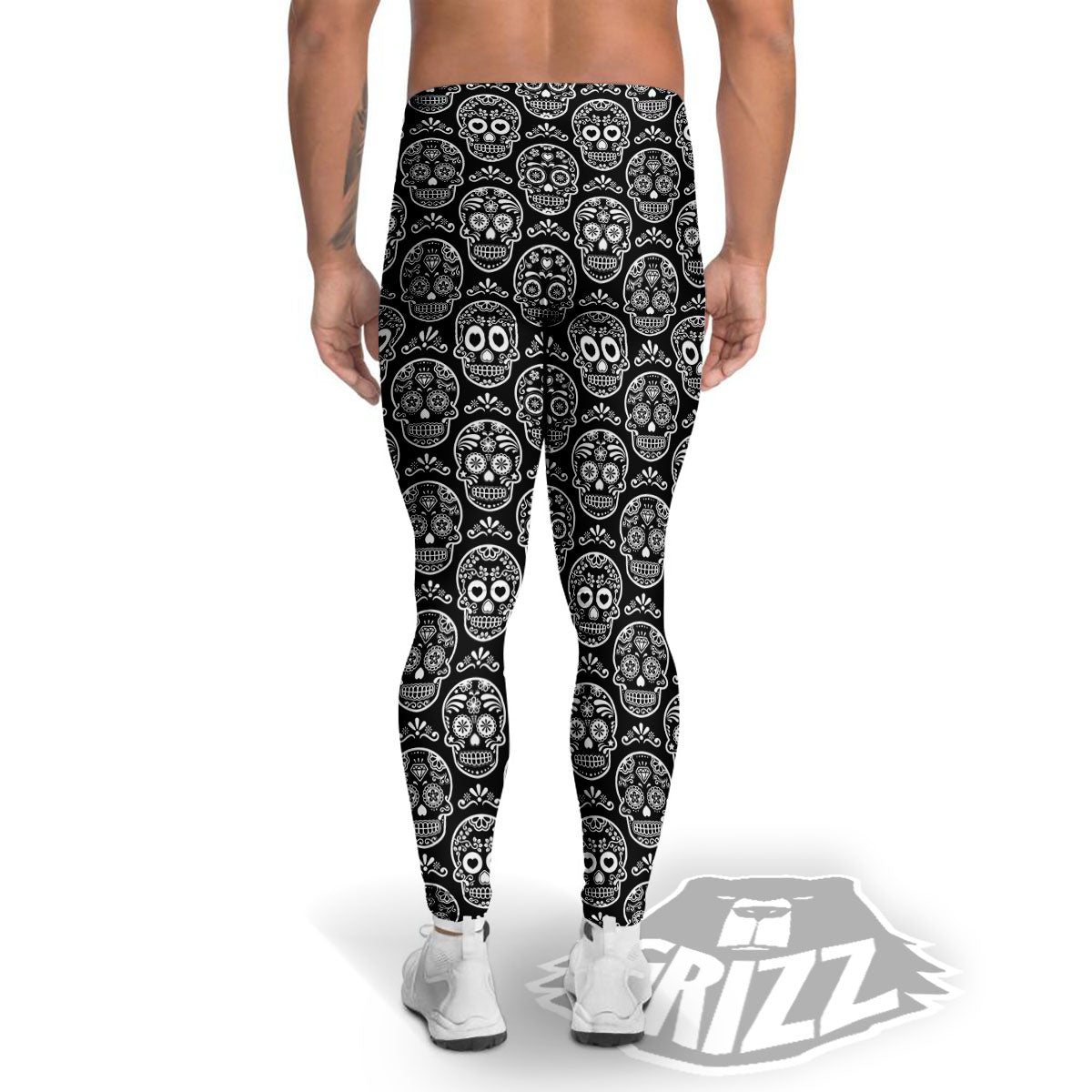 Calavera Skull White And Black Print Men's Leggings-grizzshop